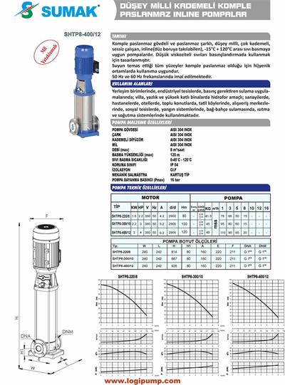 SUMAK SHTP8-220/8 Paslanmaz İn-Line Pompa | 1.6 kW - 380 V