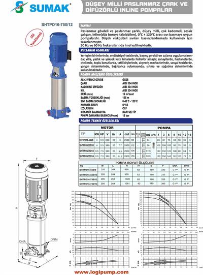 SUMAK SHTPD16-750/14 Paslanmaz Çarklı İn-Line Pompa | 5.5 kW - 380 V