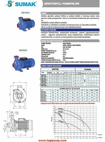 SUMAK SM160/2-P Sıcak Su - Paslanmaz Çarklı Pompa | 1.1 kW - 220 V
