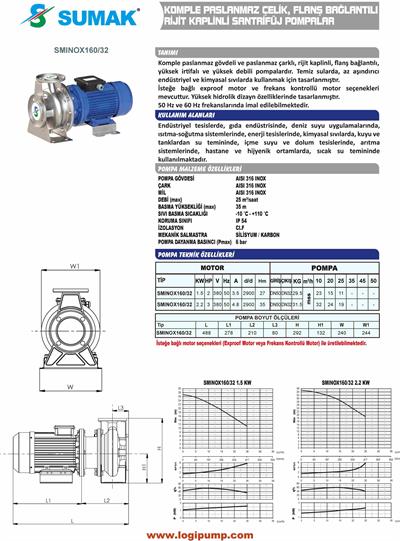 SUMAK SMINOX160/32-1.5 Aısı 316 Rijit Kaplin Flanşlı Pompa | 1.5 kW - 380 V