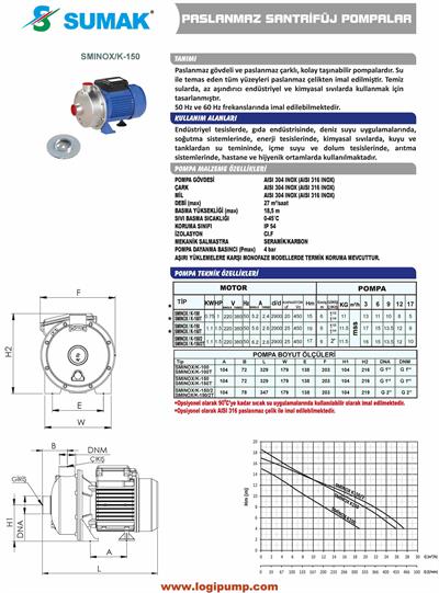 SUMAK SMINOX/K-100-S Sıcak Su - Paslanmaz Pompa | 0.75 kW - 220 V