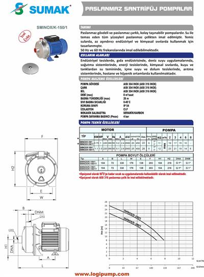 SUMAK SMINOX/K-150/1 Aısı 304 Kapalı Çarklı Pompa | 1.1 kW - 220 V