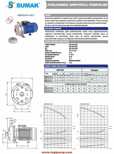 SUMAK SMINOX/K-180/1 Aısı 304 Kapalı Çarklı Pompa | 1.35 kW - 220 V