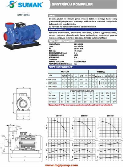 SUMAK SMT1500/4 Döküm Çarklı Santrifüj Pompa | 11 kW - 380 V