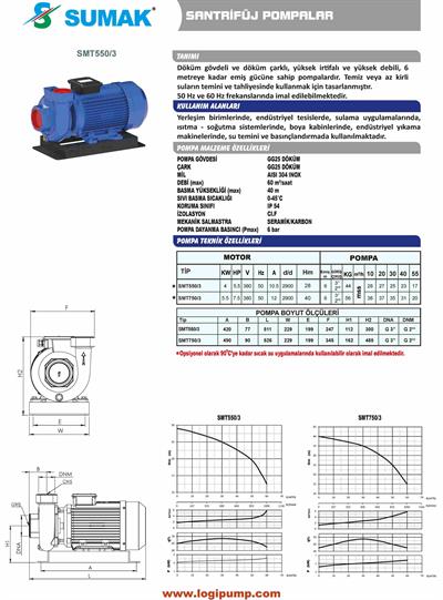 SUMAK SMT550/3 Döküm Çarklı Santrifüj Pompa | 4 kW - 380 V