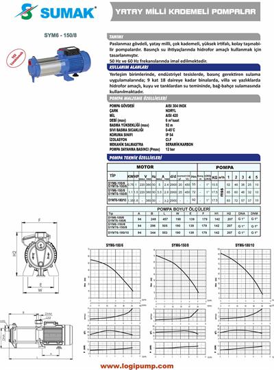 SUMAK SYM6-150/8 Noryl Çarklı Yatay Kademeli Pompa | 1.1 kW - 220 V