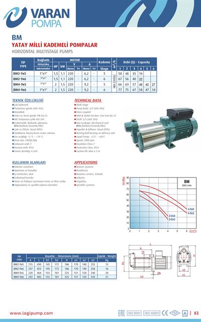 Varan BM 4-9x5 Yatay Çok Kademeli (Noril Çarklı) / OEM Santrifüj Pompa (2 HP / 1.5 kW) 66 mSS / 6 m3/h