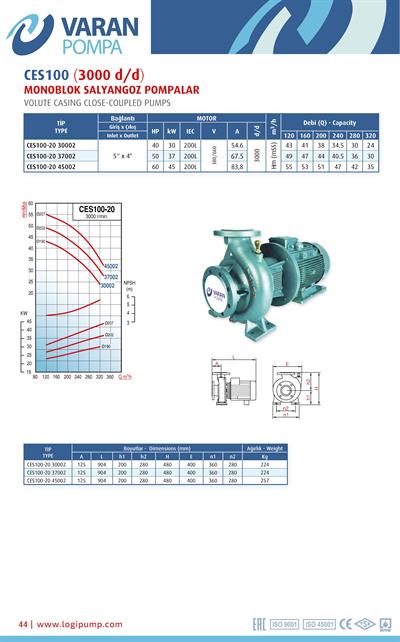 Varan CES 100-20-30002 Uçtan Emişli - Kapalı Kaplinli / EN 733 Yüksek Verimli Endüstriyel Santrifüj Pompa (40 HP / 30 kW) 43 mSS / 320 m3/h