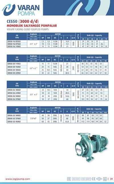 Varan CES 50-16-11002 Uçtan Emişli - Kapalı Kaplinli / EN 733 Yüksek Verimli Endüstriyel Santrifüj Pompa (15 HP / 11.2 kW) 47 mSS / 70 m3/h