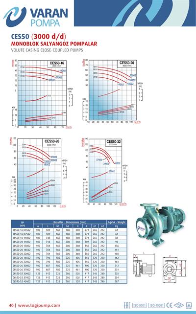 Varan CES 50-32-30002 Uçtan Emişli - Kapalı Kaplinli / EN 733 Yüksek Verimli Endüstriyel Santrifüj Pompa (40 HP / 30 kW) 88 mSS / 90 m3/h