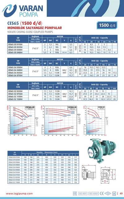 Varan CES 65-20-04004 Uçtan Emişli (1500 d/d) Kapalı Kaplinli / EN 733 Yüksek Verimli Endüstriyel Santrifüj Pompa (5.5 HP / 4 kW) 16 mSS / 90 m3/h