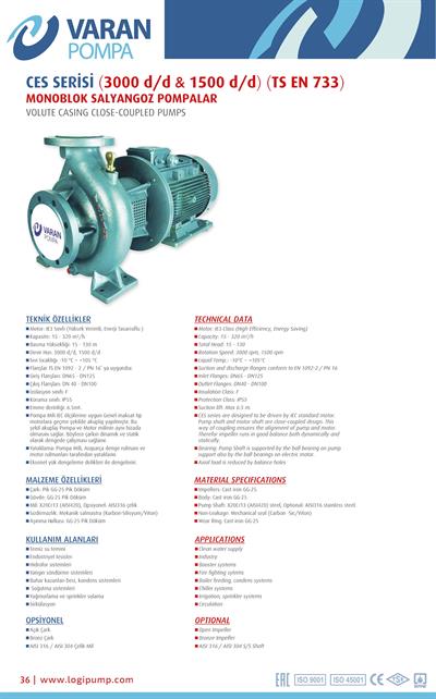 Varan CES 65-20-22002 Uçtan Emişli - Kapalı Kaplinli / EN 733 Yüksek Verimli Endüstriyel Santrifüj Pompa (30 HP / 22 kW) 48 mSS / 155 m3/h
