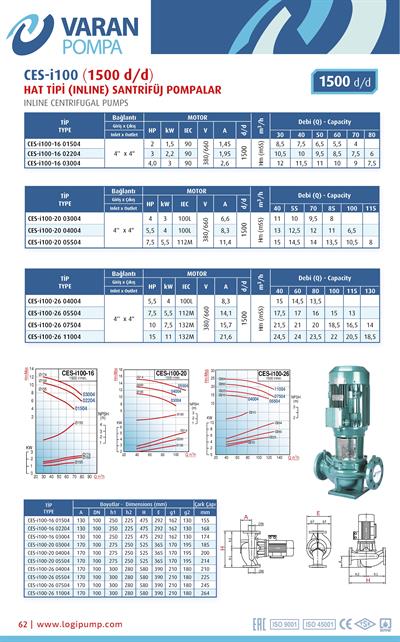 Varan CES-I 100-20-03004 Pik Döküm / İn-line (Hat Tipi) 1500 d/d Endüstriyel Dik Milli Santrifüj Pompa (4 HP / 3 kW) 11 mSS / 100 m3/h