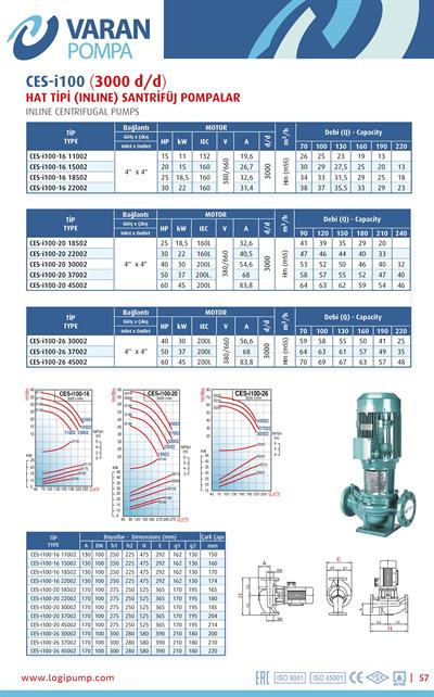 Varan CES-I 100-20-45002 Pik Döküm / İn-line (Hat Tipi) Endüstriyel Dik Milli Santrifüj Pompa (60 HP / 45 kW) 64 mSS / 240 m3/h
