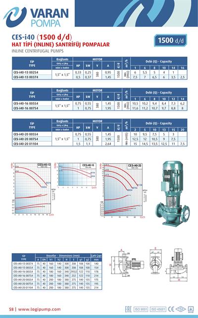 Varan CES-I 40-13-00374 Pik Döküm / İn-line (Hat Tipi) 1500 d/d Endüstriyel Dik Milli Santrifüj Pompa (0.75 HP / 0.55 kW) 7,5 mSS / 16 m3/h