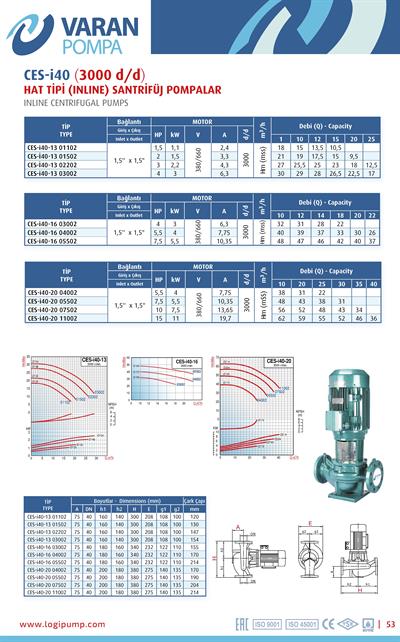 Varan CES-I 40-13-02202 Pik Döküm / İn-line (Hat Tipi) Endüstriyel Dik Milli Santrifüj Pompa (3 HP / 2.2 kW) 27 mSS / 25 m3/h