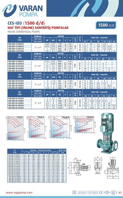 Varan CES-I 80-16-01504 Pik Döküm / İn-line (Hat Tipi) 1500 d/d Endüstriyel Dik Milli Santrifüj Pompa (2 HP / 1.5 kW) 10 mSS / 50 m3/h