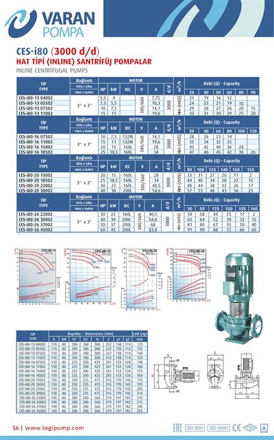 Varan CES-I 80-20-15002 Pik Döküm / İn-line (Hat Tipi) Endüstriyel Dik Milli Santrifüj Pompa (20 HP / 15 kW) 33 mSS / 155 m3/h