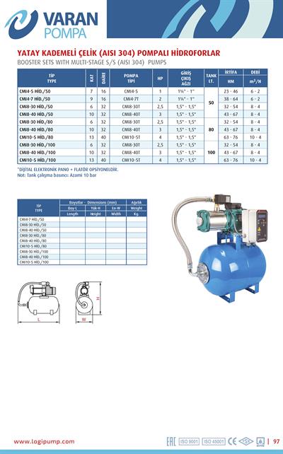Varan CMI8-40 HID/80  Çok Kademeli / Endüstriyel 80 LT Tanklı Paket Hidrofor (3 HP / 2.2 kW) 43 - 67 mSS / 8 - 4 m3/h
