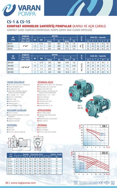 Varan CS 151 Tek Kademe / Monoblok Endüstriyel Santrifüj Pompa (1 HP/ 0.75 kW) 26 mSS / 16 m3/h