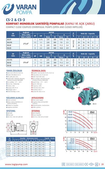 Varan CS 21 Tek Kademe / Monoblok Endüstriyel Santrifüj Pompa (1 HP/ 0.75 kW) 15 mSS / 21 m3/h