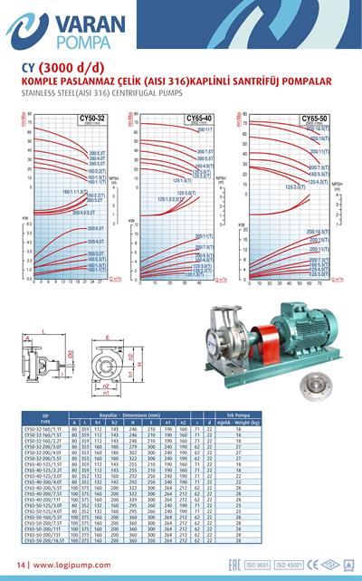 Varan CY 50-32-160/2.2T Paslanmaz / Komple Paslanmaz Uçtan Emişli - Uzun Kaplinli Endüstriyel Santrifüj Pompa (3 HP / 2.2 kW) 31 mSS / 24 m3/h