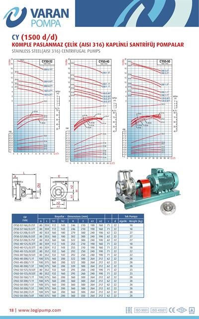 Varan CY 50-32-200/0.75T Paslanmaz / Komple Paslanmaz Uçtan Emişli - Uzun Kaplinli Endüstriyel Santrifüj Pompa (1 HP/ 0.75 kW) 17,3 mSS / 10 m3/h