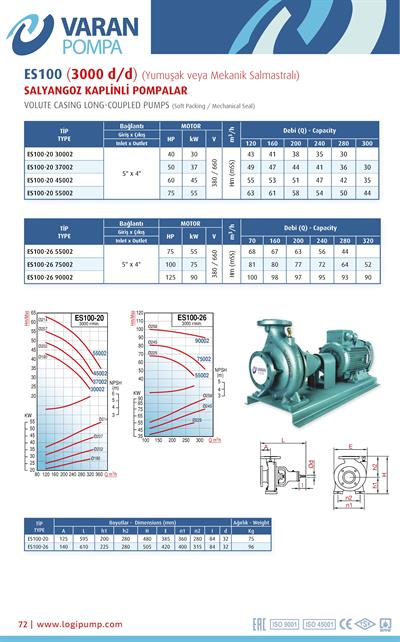 Varan ES 100-20-45002 Uçtan Emişli - Uzun Kaplinli / EN 733 Yüksek Verimli Endüstriyel Santrifüj Pompa (60 HP / 45 kW) 55 mSS / 320 m3/h