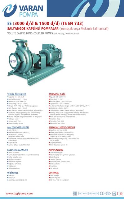 Varan ES 100-20-55002 Uçtan Emişli - Uzun Kaplinli / EN 733 Yüksek Verimli Endüstriyel Santrifüj Pompa (75 HP / 56 kW) 63 mSS / 320 m3/h