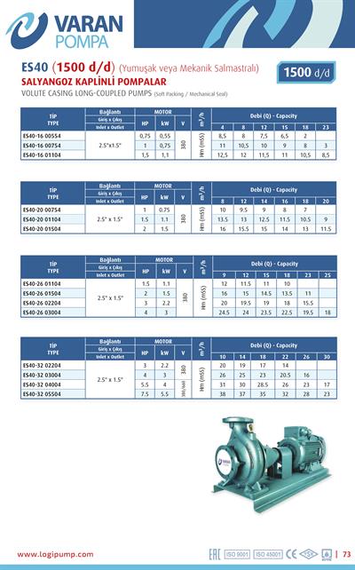 Varan ES 40-26-03004 Uçtan Emişli (1500 d/d) Uzun Kaplinli / EN 733 Yüksek Verimli Endüstriyel Santrifüj Pompa (4 HP / 3 kW) 24,5 mSS / 25 m3/h