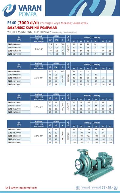 Varan ES 40-32-45002 Uçtan Emişli - Uzun Kaplinli / EN 733 Yüksek Verimli Endüstriyel Santrifüj Pompa (60 HP / 45 kW) 143 mSS / 50 m3/h