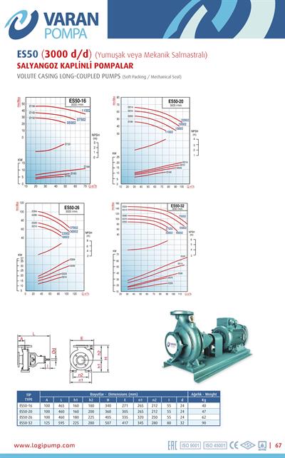 Varan ES 50-20-15002 Uçtan Emişli - Uzun Kaplinli / EN 733 Yüksek Verimli Endüstriyel Santrifüj Pompa (20 HP / 15 kW) 54 mSS / 80 m3/h