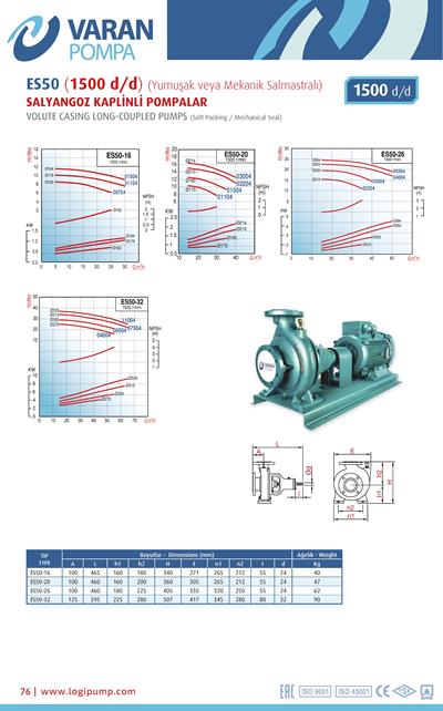 Varan ES 50-26-04004 Uçtan Emişli (1500 d/d) Uzun Kaplinli / EN 733 Yüksek Verimli Endüstriyel Santrifüj Pompa (5.5 HP / 4 kW) 22,5 mSS / 50 m3/h