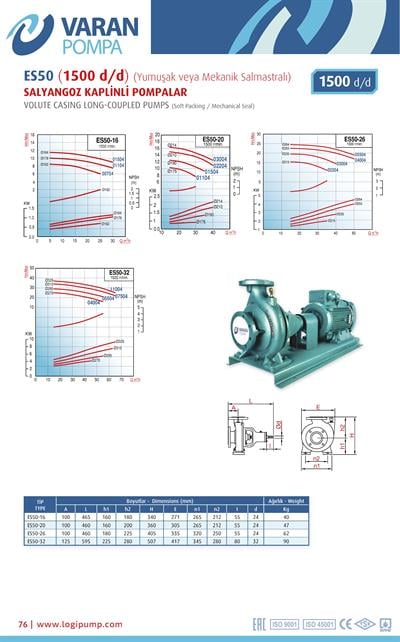 Varan ES 50-32-07504 Uçtan Emişli (1500 d/d) Uzun Kaplinli / EN 733 Yüksek Verimli Endüstriyel Santrifüj Pompa (10 HP / 7.5 kW) 34 mSS / 65 m3/h
