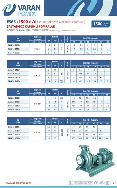 Varan ES 65-26-03004 Uçtan Emişli (1500 d/d) Uzun Kaplinli / EN 733 Yüksek Verimli Endüstriyel Santrifüj Pompa (4 HP / 3 kW) 16 mSS / 55 m3/h