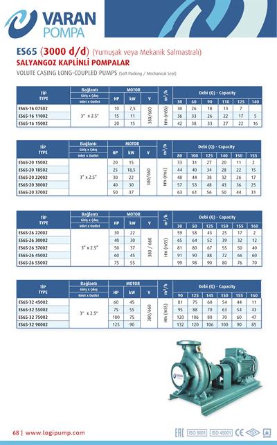 Varan ES 65-32-75002 Uçtan Emişli - Uzun Kaplinli / EN 733 Yüksek Verimli Endüstriyel Santrifüj Pompa (100 HP / 75 kW) 120 mSS / 160 m3/h