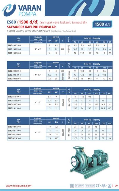 Varan ES 80-20-03004 Uçtan Emişli (1500 d/d) Uzun Kaplinli / EN 733 Yüksek Verimli Endüstriyel Santrifüj Pompa (4 HP / 3 kW) 11 mSS / 100 m3/h
