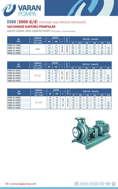 Varan ES 80-20-37002 Uçtan Emişli - Uzun Kaplinli / EN 733 Yüksek Verimli Endüstriyel Santrifüj Pompa (50 HP / 37 kW) 58 mSS / 240 m3/h