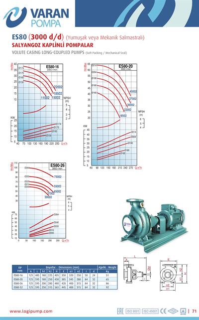 Varan ES 80-26-45002 Uçtan Emişli - Uzun Kaplinli / EN 733 Yüksek Verimli Endüstriyel Santrifüj Pompa (60 HP / 45 kW) 70 mSS / 220 m3/h