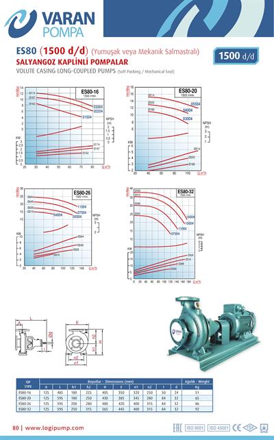 Varan ES 80-32-15004 Uçtan Emişli (1500 d/d) Uzun Kaplinli / EN 733 Yüksek Verimli Endüstriyel Santrifüj Pompa (20 HP / 15 kW) 35 mSS / 160 m3/h
