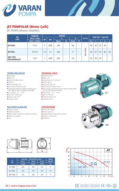Varan JET 180A Jet / Kendinden Emişli Endüstriyel OEM Santrifüj Pompa (1.5 HP / 1.1 kW) 60 mSS / 5 m3/h