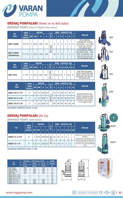 Varan QDS 750DW-SS Paslanmaz / Temiz ve Az Kirli Su  Drenaj Dalgıç Pompa (1 HP/ 0.75 kW) 10 mSS / 9 m3/h