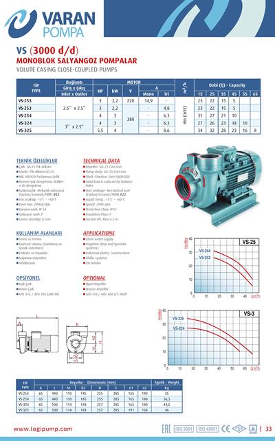 Varan VS 325 Tek Kademe / Monoblok Endüstriyel Santrifüj Pompa (5.5 HP / 4 kW) 34 mSS / 65 m3/h