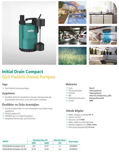 WİLO Initial Drain Compact 13.8 Gizli (Asansör) Flatörlü Drenaj Pompası 0.37 kW
