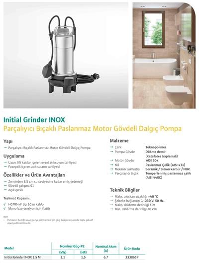 WİLO Initial Grinder INOX 1.5 M Parçalıyıcı Bıçaklı Paslanmaz Kılıflı Dalgıç Pompa 1,1 kW