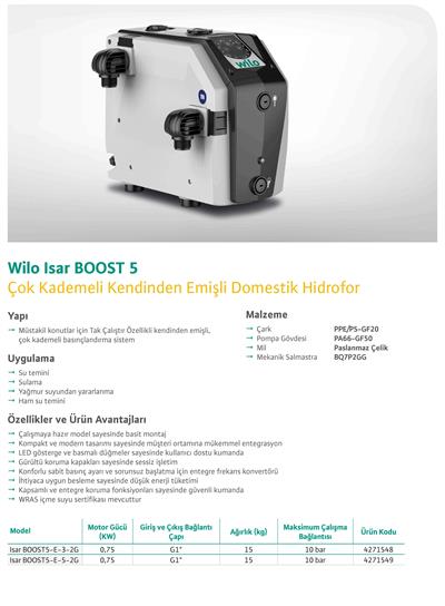 WİLO Isar BOOST5-E-5-2G Kendinden Emişli Kompakt Hidrofor- Kademeli 0,75 kW