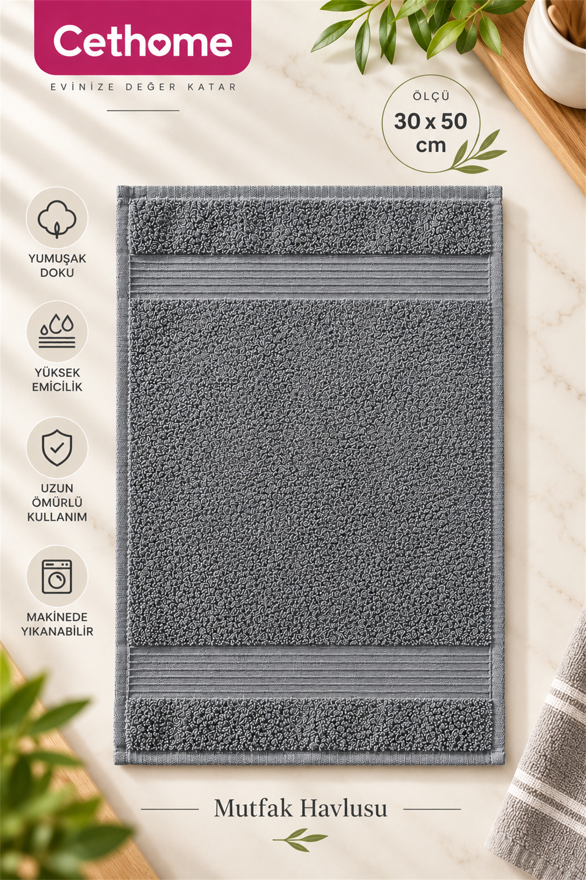 ÇetHome 30x50 Antrasit Renk Mutfak Havlusu