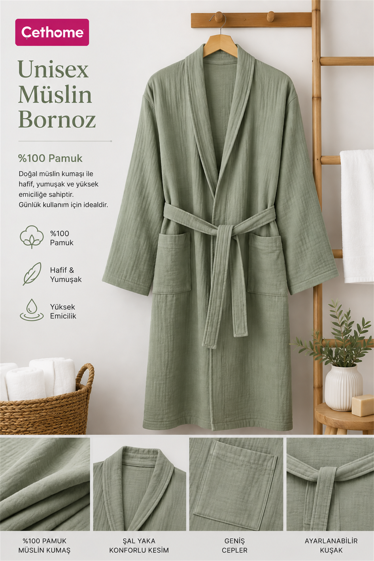 ÇetHome Haki Renk Kemerli Unisex %100 Pamuklu Müslin Kumaş Bornoz