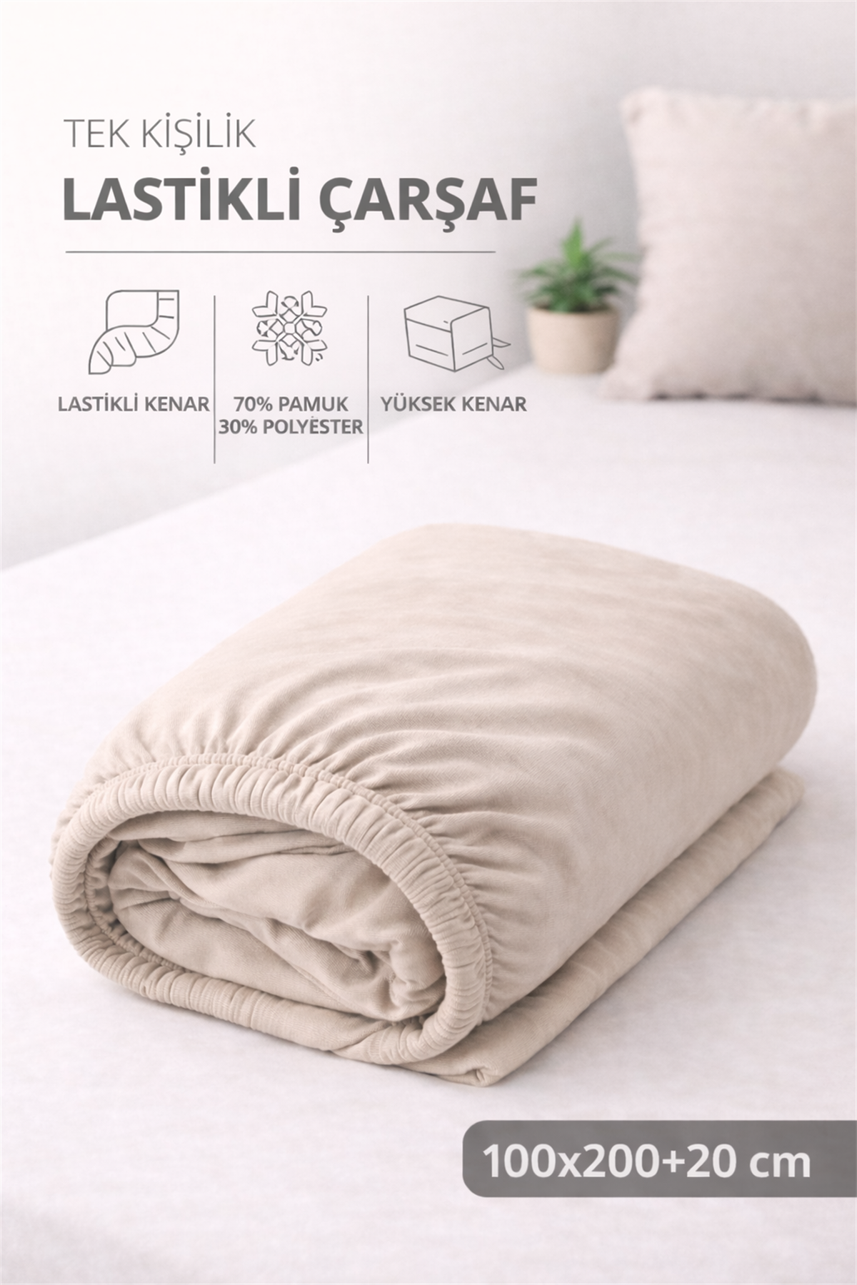 ÇetHome Pamuklu Bej Lastikli Tek Kişilik Çarşaf 100*200 cm