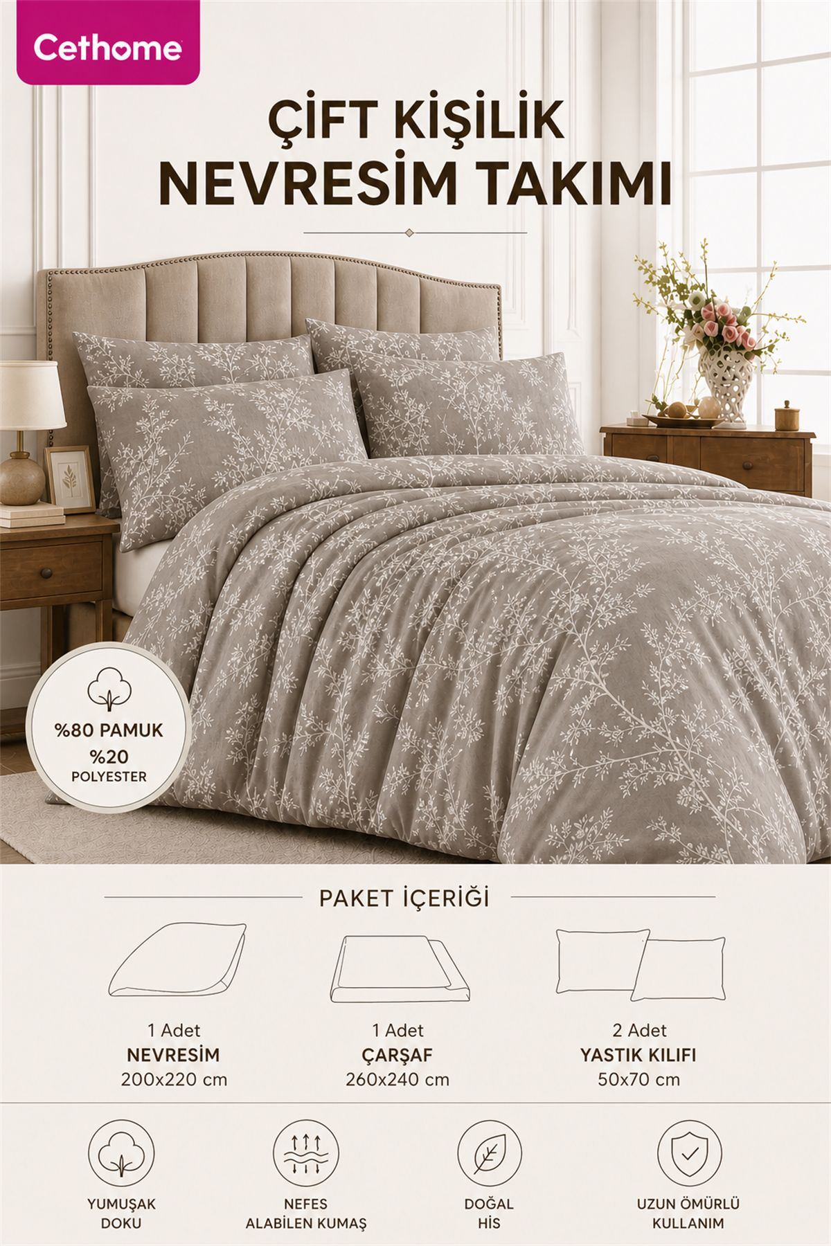 ÇetHome Pamuklu Yaprak Desenli Çift Kişilik Nevresim Takımı